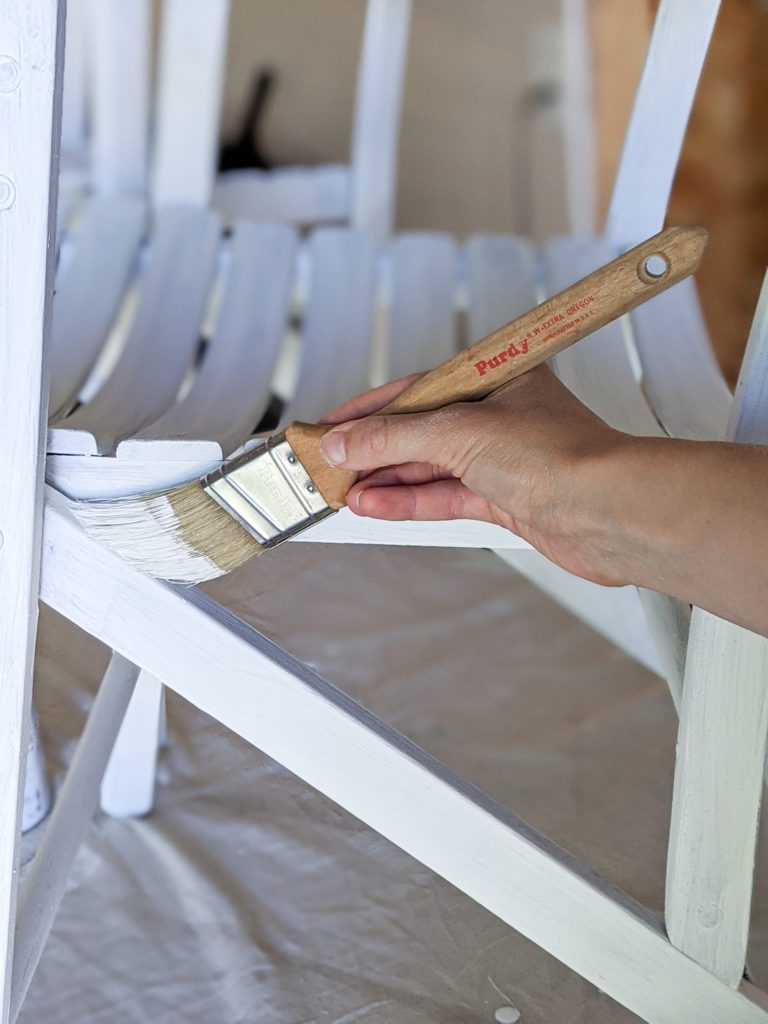 Painting Outdoor Furniture Using Purdy White Bristle Extra Oregon Brush to get in Grooves