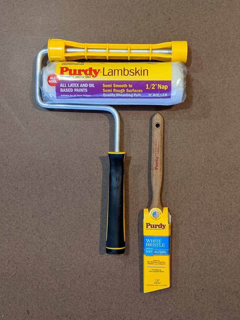 Purdy Lambskin Roller and Purdy White Bristle Paintbrush for Applying Primer on Outdoor Chairs