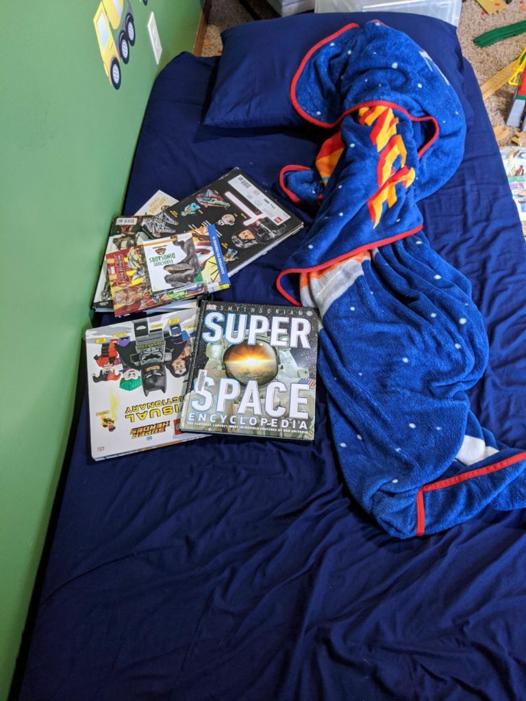 Children's bed filled with books