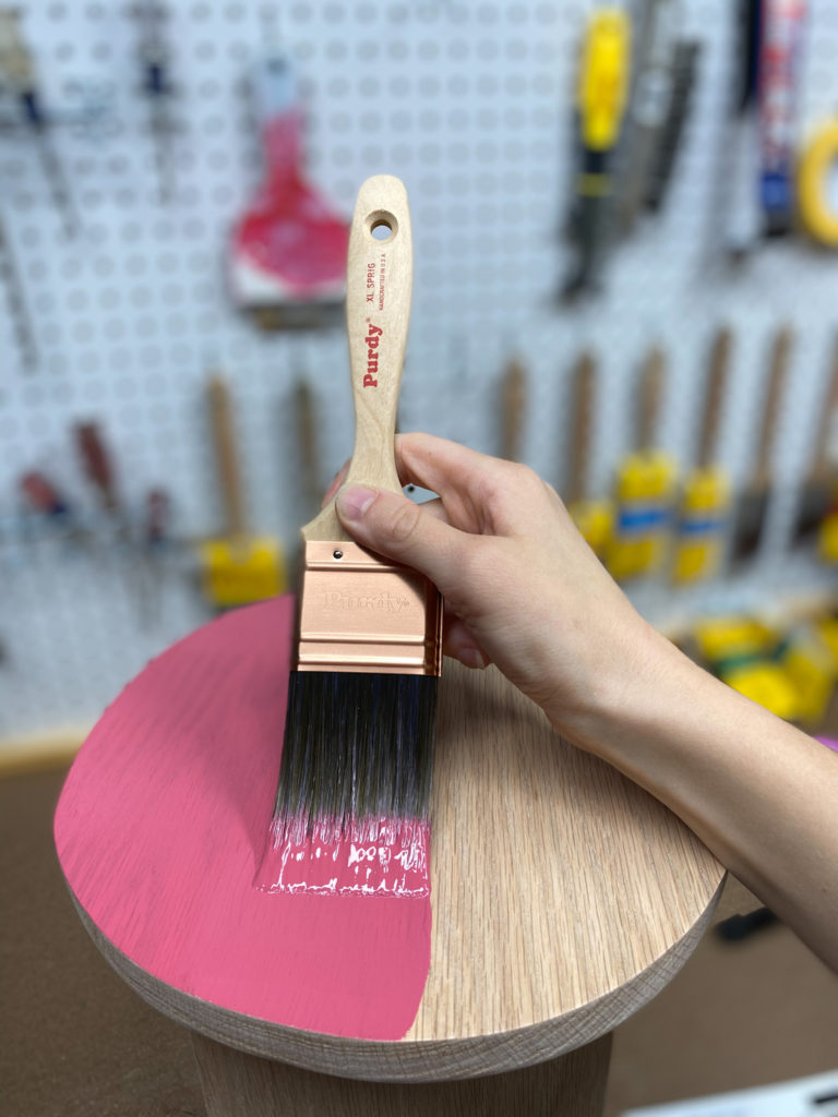 Applying Minwax Water Based Solid Color Stain in Blossom Pink to Stool