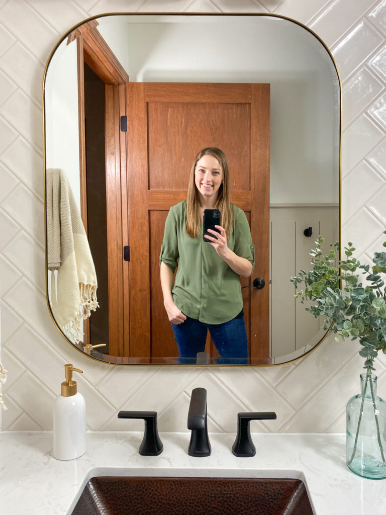 Mirror selfie with Lamps Plus brushed brass edge mirror