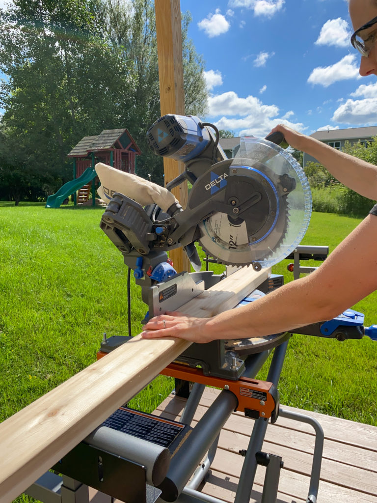 Cutting boards on miter saw for bench